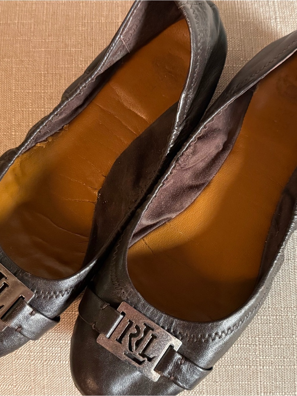 Lauren Ralph Lauren Dark Brown Leather Ballet Flats with RL Plaque